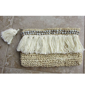 Hawaiian Raffia Makeup Pouch Tassel Shell Boho 9 X 6